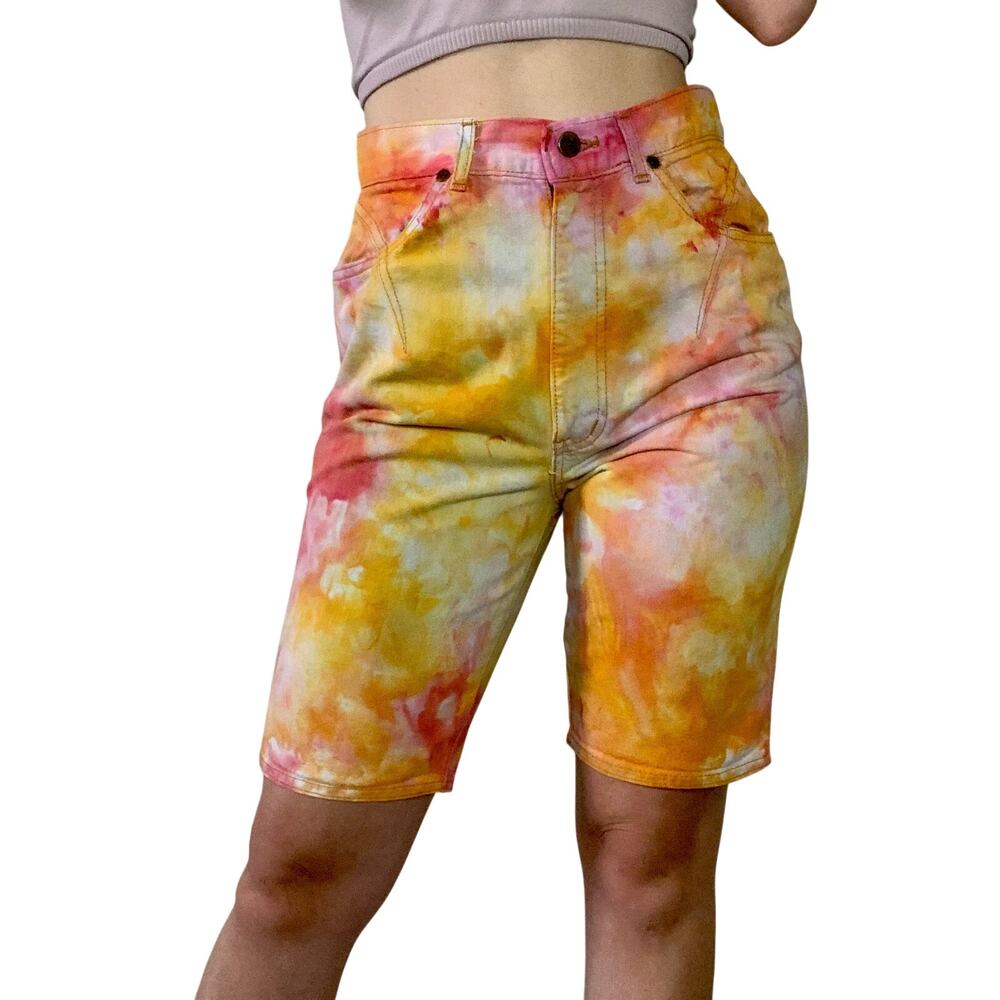Vintage 90s Chic Ice Dyed Denim Shorts Reworked Pink Orange Yellow Jean Shorts